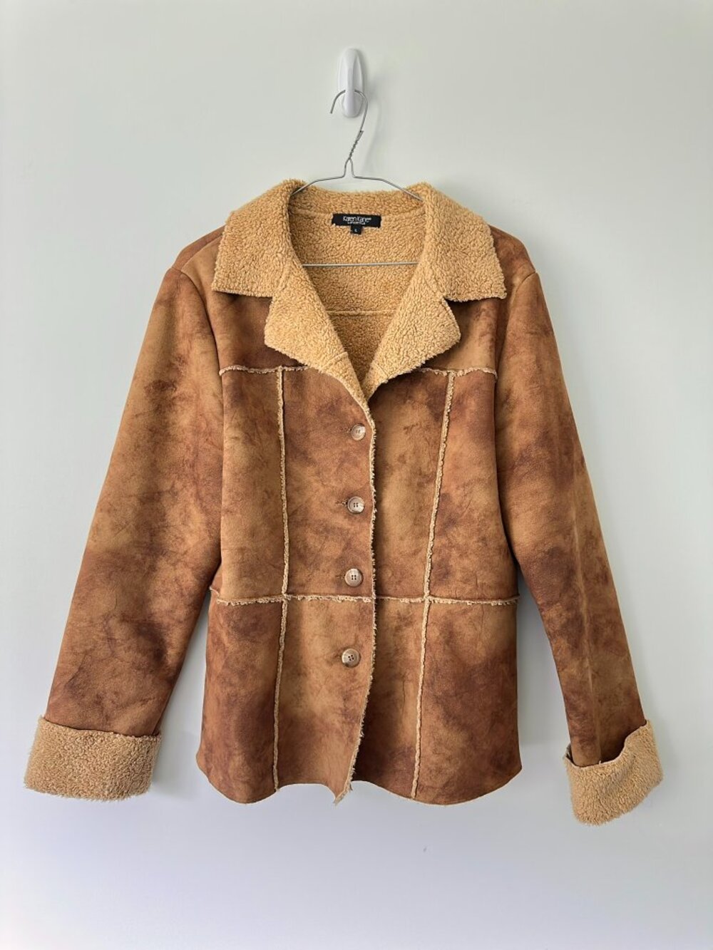 Vintage Y2K Karen Kane Women's Brown and Tan Sherpa Jacket Large